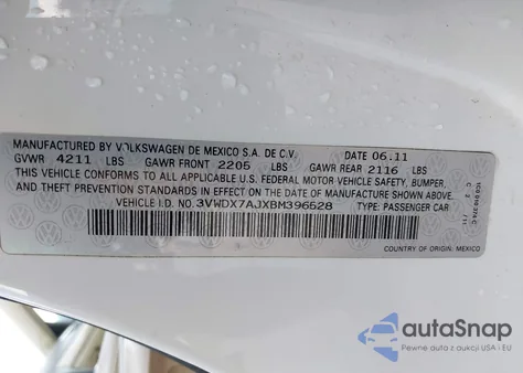 2011 Volkswagen Jetta 2.5L Se из США, поврежденный, VIN 3VWDX7AJXBM396528